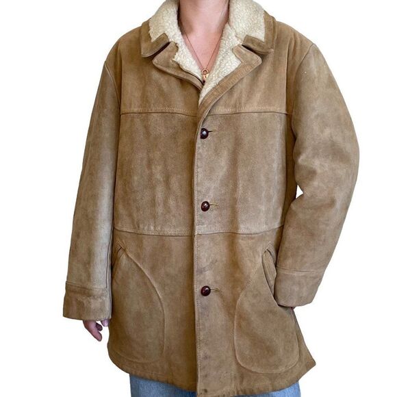 Vintage 80s Mens Aldens Tan Brown Suede Faux Shearling Lined Western Jacket 44R - Picture 11 of 11